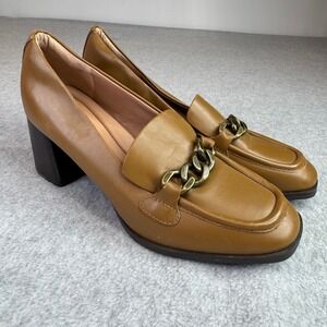 Nordstrom Nobernice-Lea Block Heel Loafers Women 8.5M Tan Leather Chain Detail